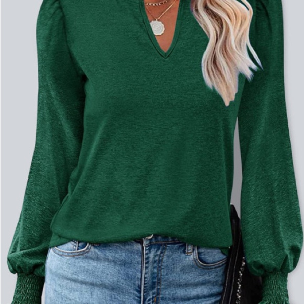 Green Frill V Neck Casual Shirred Cuffs Puff Long Sleeve Top